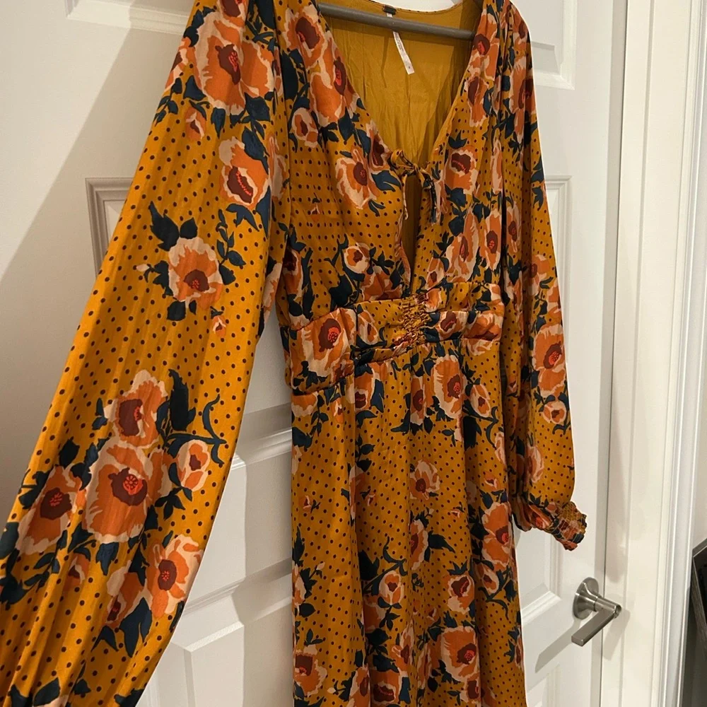 Free People Morning Light Golden Yellow Floral Long Sleeve Dress Size 8